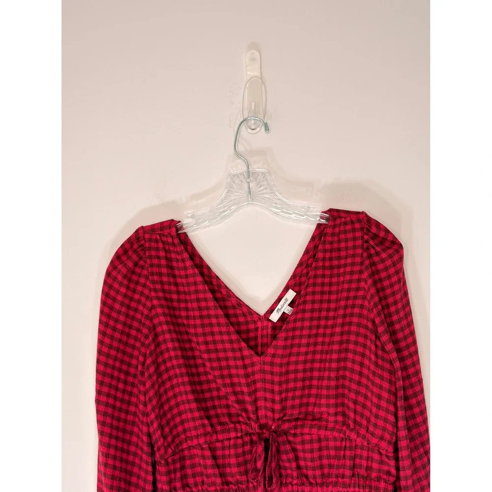 Madewell Crinkled‎ V-Neck Peplum Top Plaid Hibiscus Blouse Crinkled Drapey Small